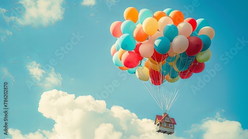 Toy house home model flying in the sky with clouds tied to colorful balloons