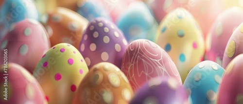 Row of Colorful Polka Dot Easter Eggs Arranged in Front of Bright Light
