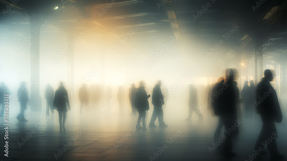 Obraz premium a crowd of people in blurry motion in the fog of a city street, abstract background, urban smoke, concept social issues