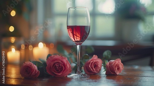 glasses of wine , Roses flowers,petal and candles blurred light on table Romantic Background ,romantic Valentine Day concept