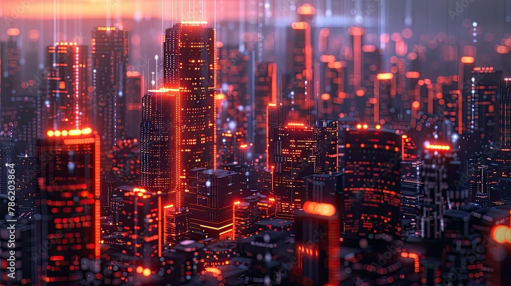 Digital cityscape with skyscrapers made of circuitry and neon lights Digital cityscape with skyscrapers made of circuitry and neon lights