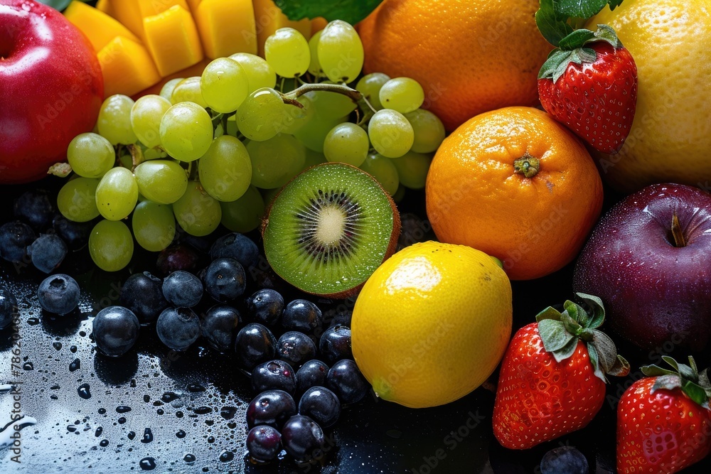 Fresh fruits on a black background. Vitamins and minerals. Top view. Flat lay composition for design with copy space Fresh fruits on a black background. Vitamins and minerals. Top view. Flat lay composition for design with copy space