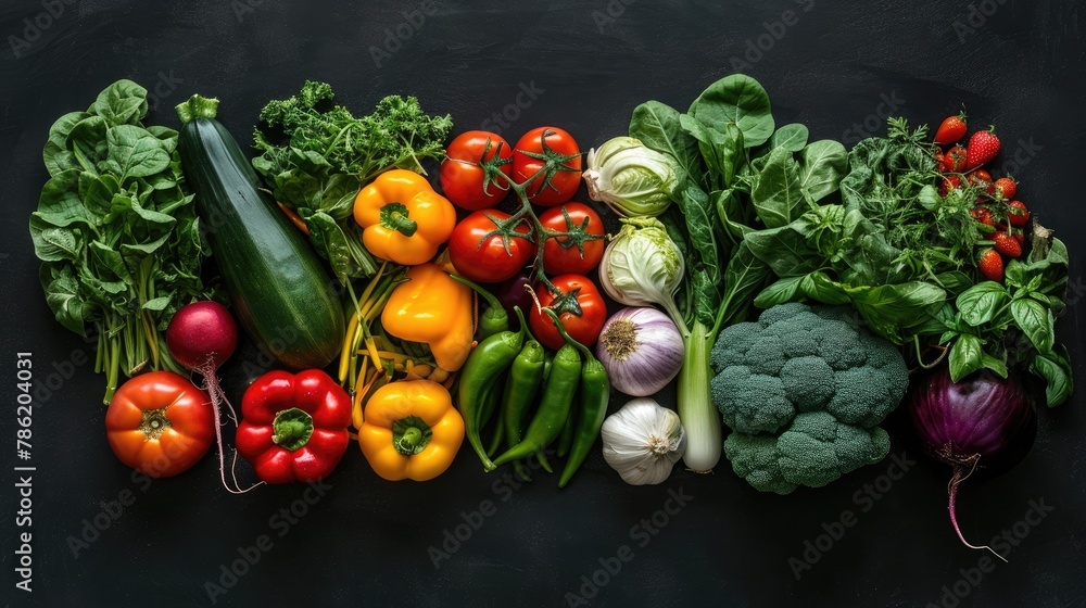 Fresh vegetables on a black background. Vitamins and minerals. Top view. Flat lay composition for design with copy space Fresh vegetables on a black background. Vitamins and minerals. Top view. Flat lay composition for design with copy space