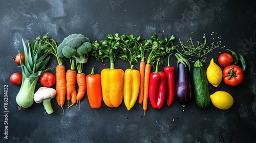 Fresh vegetables on a black background. Vitamins and minerals. Top view.   Flat lay composition for design with copy space