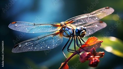 a dragonfly on a tree branch during the rain
 photo