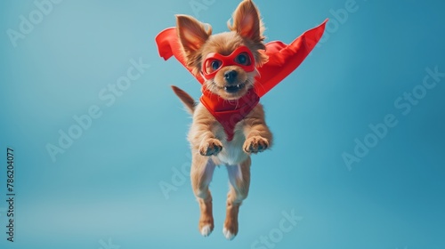 Fawn Canidae dog happily jumps in the sky with red cape and mask photo