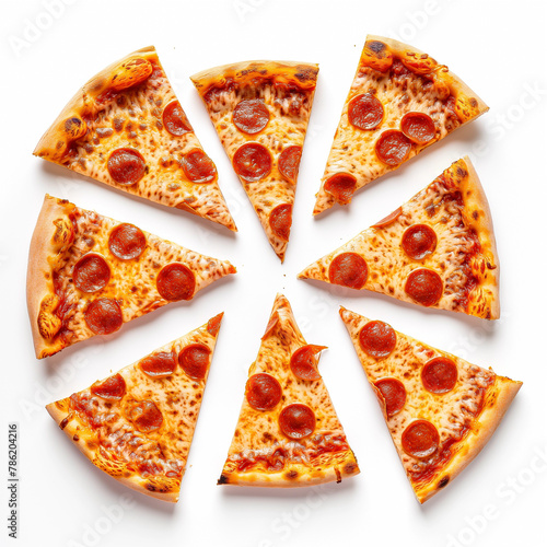 Slices of pepperoni pizza arranged in a circle on a white surface. Generated AI