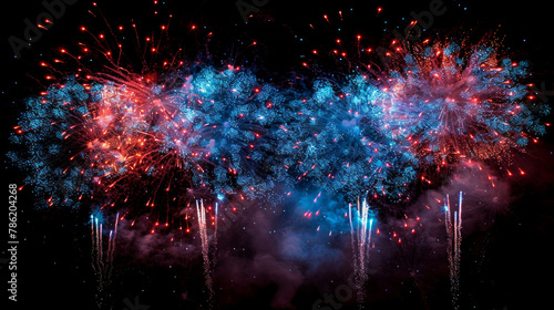 A fireworks display with red, blue, and white fireworks