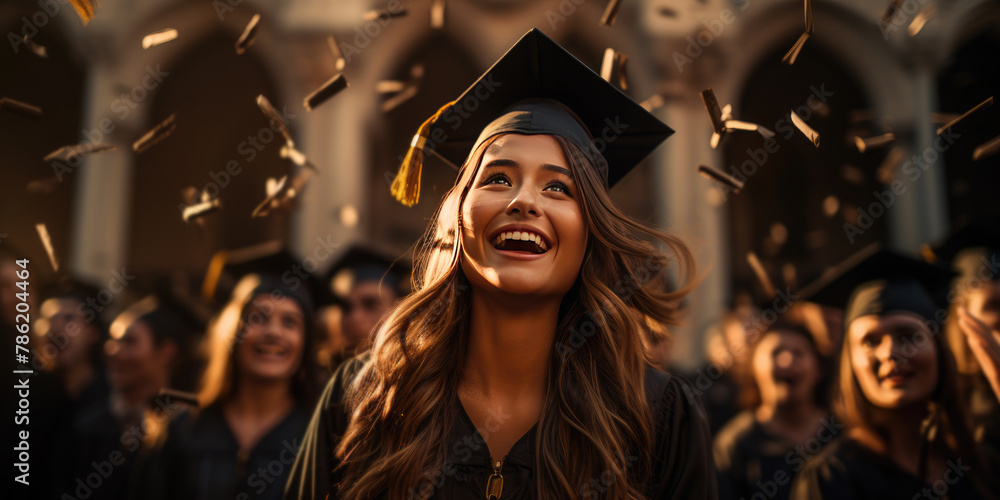 Happy graduates throw their hats into the air. Receiving diplomas. Success about graduating from a university, institute, school. Banner Happy graduates throw their hats into the air. Receiving diplomas. Success about graduating from a university, institute, school. Banner