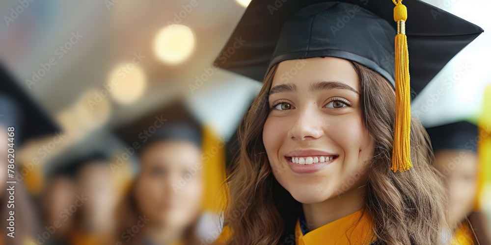 Closeup portrait of happy woman graduate wearing black hat and graduation dress. Concept for celebrating university graduation and receiving diploma.