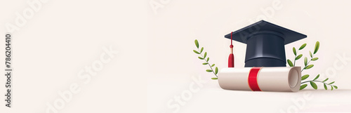 Graduation academic hat with tassel and university diploma scroll on white background. Banner with copy space for text. Poster, flyer.