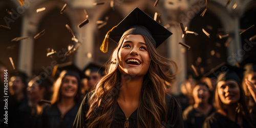 Happy graduates throw their hats into the air. Receiving diplomas. Success about graduating from a university, institute, school. Banner