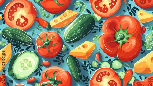 Wallpaper Mural a seamlessly arranged collection of tomatoes, parmesan, peppers, artichokes, and cucumbers, presented in flat design and elegantly tiled to create a stunning visual feast. Torontodigital.ca
