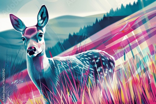 A colorful geometric deer stands in a field of grass.