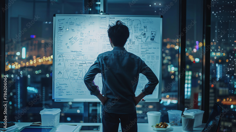 Fototapeta premium A young man, working in a digital performance marketing agency, standing in front of a whiteboard, the board is covered in code, notes, and diagrams, he is concentrating
