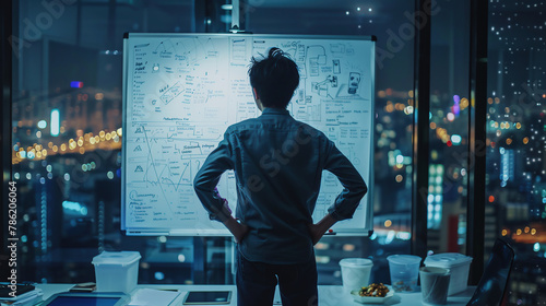 A young man, working in a digital performance marketing agency, standing in front of a whiteboard, the board is covered in code, notes, and diagrams, he is concentrating