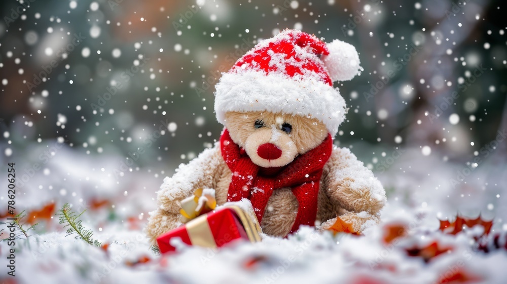 christmas bear and snow with gifts box