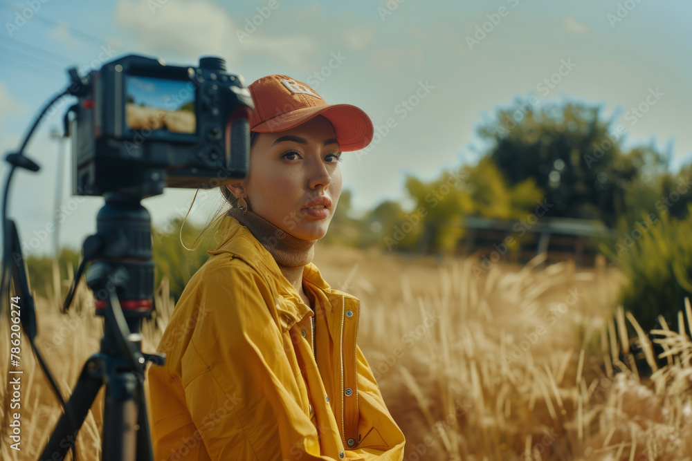 Male influencer recording a video for social media. Generative AI Male influencer recording a video for social media. Generative AI