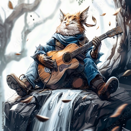 A cute cat playing guitar on a rock in the middle of a river