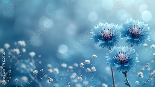   A tight shot of three blue blossoms against a softly blurred background of distant elements  accompanied by a blue expanse of sky