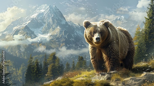 Portrait of big brown bear grizzly in the mountains with cliff and forest mountains