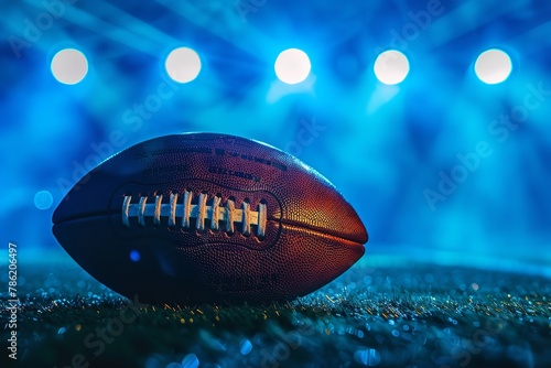A close shot of American football kept on ground a night view with blue light coming out of it and a big space  Generative AI.