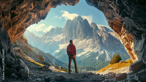Adventurous Man Hiker standing in a cave with rocky mountains in background.