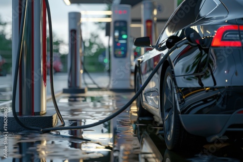 Electric vehicle charging at traditional gas station in threedimensional ing concept photo