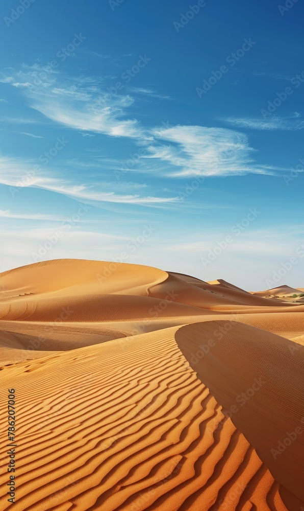   A vast expanse of sand dunes in the desert beneath a blue sky, adorned with wisps of clouds