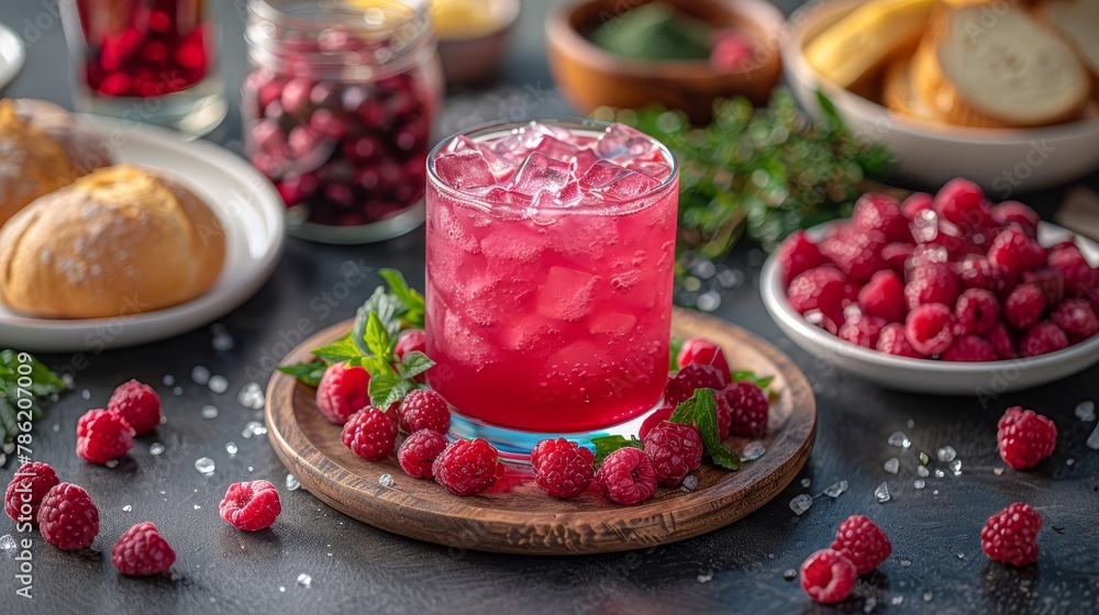   A glass of raspberry lemonade, garnished with fresh raspberries on a plate In the background, a bowl of bread