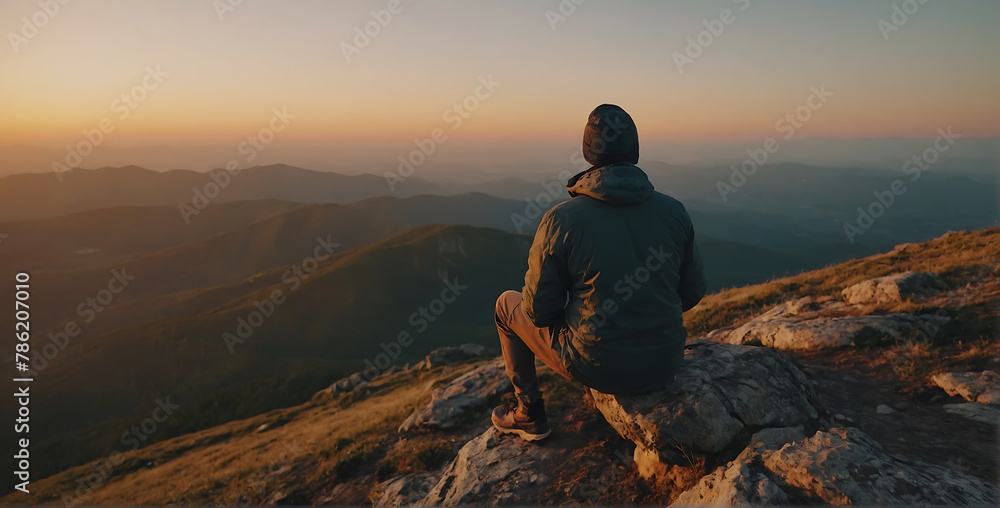 A traveler and Adventurous man on top of the mountain at sunset and enjoying view of nature A traveler and Adventurous man on top of the mountain at sunset and enjoying view of nature