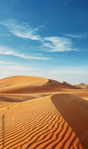   A vast expanse of sand dunes in the desert beneath a blue sky  adorned with wisps of clouds