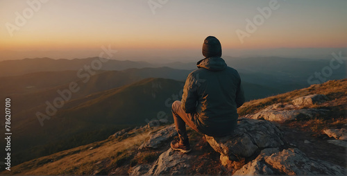 A traveler and Adventurous man on top of the mountain at sunset and enjoying view of nature