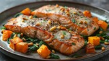   A salad with grilled salmon, wilted spinach, and roasted sweet potato Toppings include Parmesan cheese and shavings