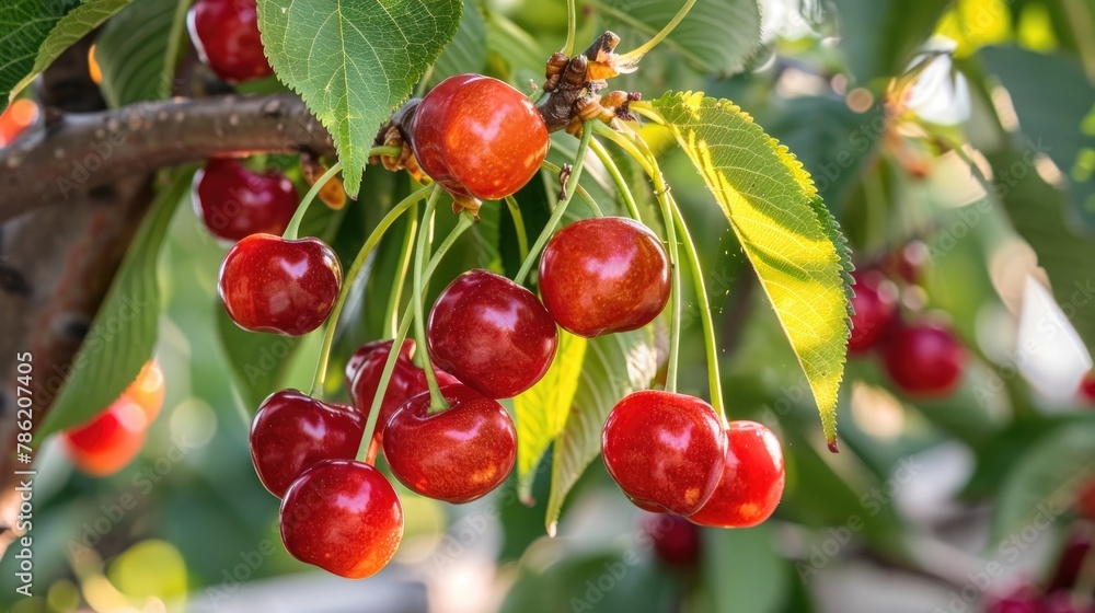 Abundant yield of mature red cherries growing on a tree branch Abundant yield of mature red cherries growing on a tree branch