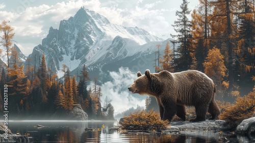 Big grizzly bear portrait in the mountains with forest and cliff background.