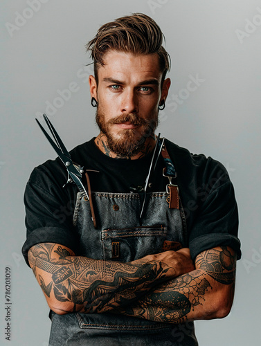 Tattooed Barber with Scissors and Intense Gaze (ID: 786208009)