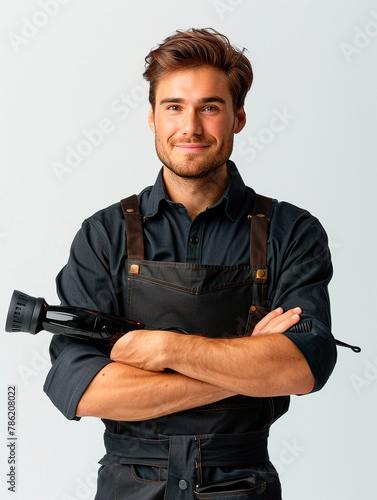 Cheerful Barber with Hair Dryer and Apron