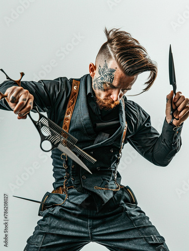 Edgy Barber with Tattoos Holding Tools (ID: 786208027)