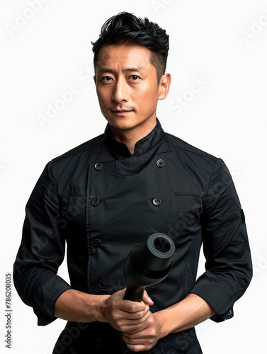Expert Asian Barber Holding Professional Hair Dryer (ID: 786208035)