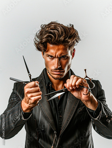 Focused Hairstylist with Scissors Preparing for Cutting (ID: 786208038)