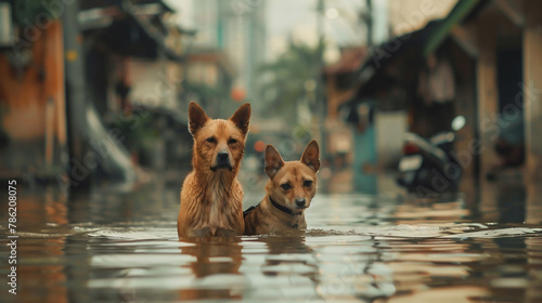 Two stranded dogs in the flood water photo