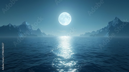  A full moon casting its reflection on a body of water, surrounded by mountains and a bright blue sky