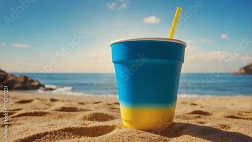 Blue brightly colored beverage cup on a yellow background. Beach vacation theme.