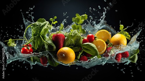 Beautiful vegetables  fruits and herbs falling with splashes into the water. On a dark background.