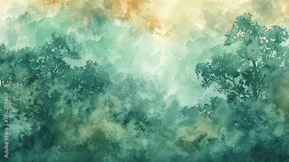 Abstract watercolor forest canopy, emerald layers, and ochre hints, for a natural retreat.