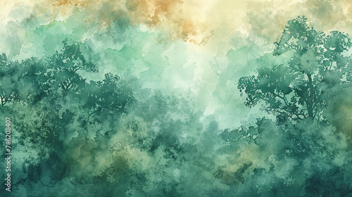 Abstract watercolor forest canopy, emerald layers, and ochre hints, for a natural retreat. photo