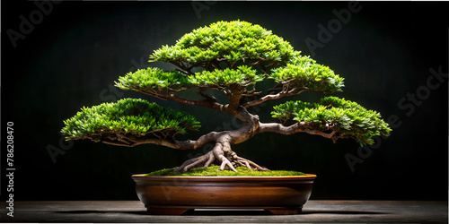 a pot with bonsai stands on a black background AI generation, design, wallpaper, desktop wallpaper, abstraction, rectangles, shapes, shapes, vivid images, minimalism,