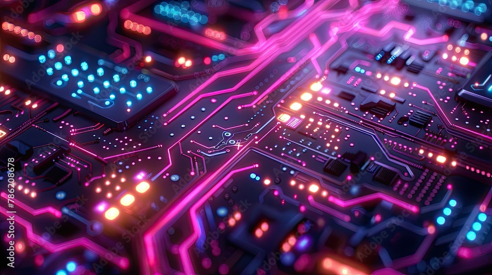 Futuristic circuit board patterns with glowing neon lights Futuristic circuit board patterns with glowing neon lights
