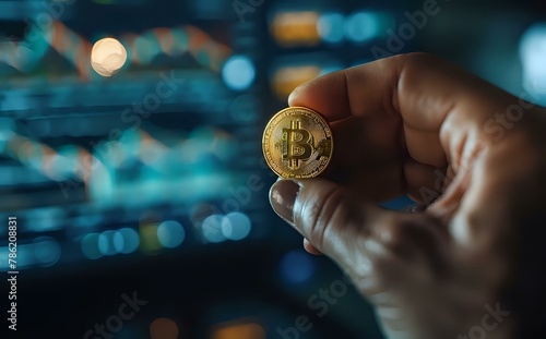 Hands holding old Bitcoin coin, with digital graphs and charts in background, representing online trading and mobile app usage